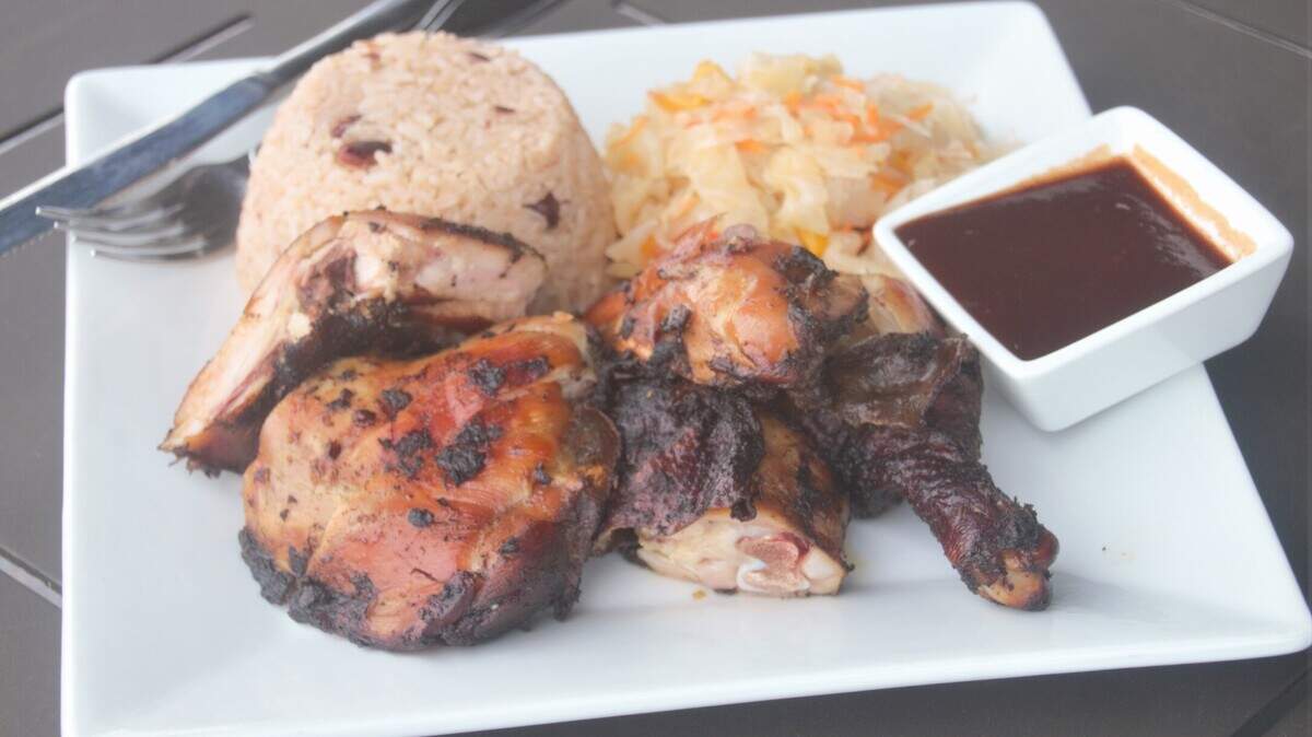 The jerk chicken plate at Bonfire Restaurant in Biloxi.