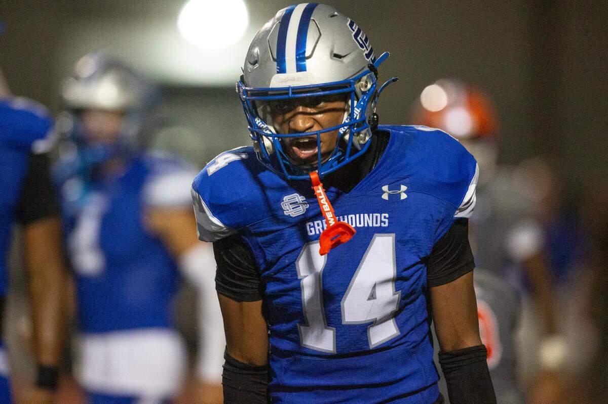Ocean Springs’ Nolan Wells reacts after a play during a game against Madison Central at Greyhound Stadium in Ocean Springs on Friday, Aug. 30, 2024.