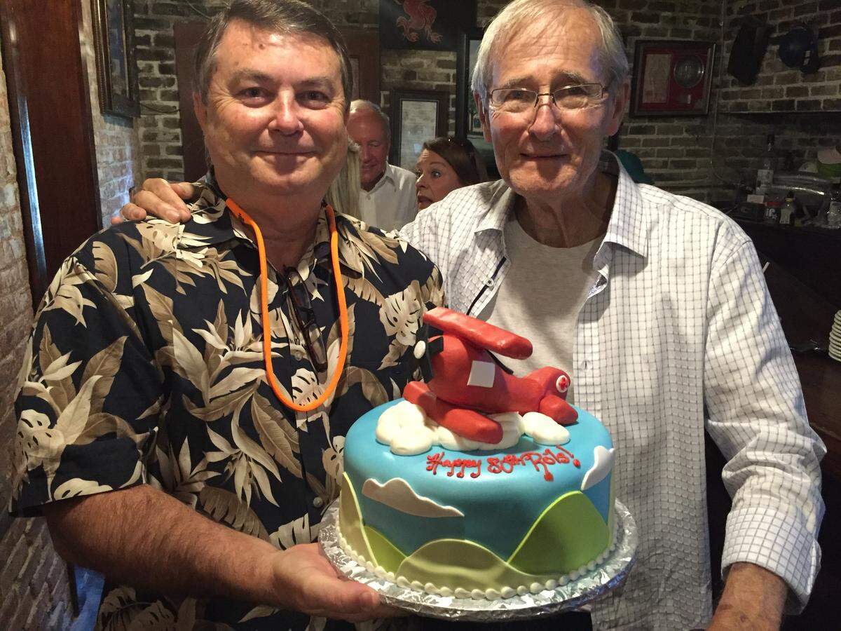 Former Sun Herald publisher Roland Weeks, right, and his close friend Joe Pevey, a fellow airplane pilot, celebrate Weeks birthday at one of his favorite spots, Mary Mahoney’s Old French House restaurant in Biloxi.