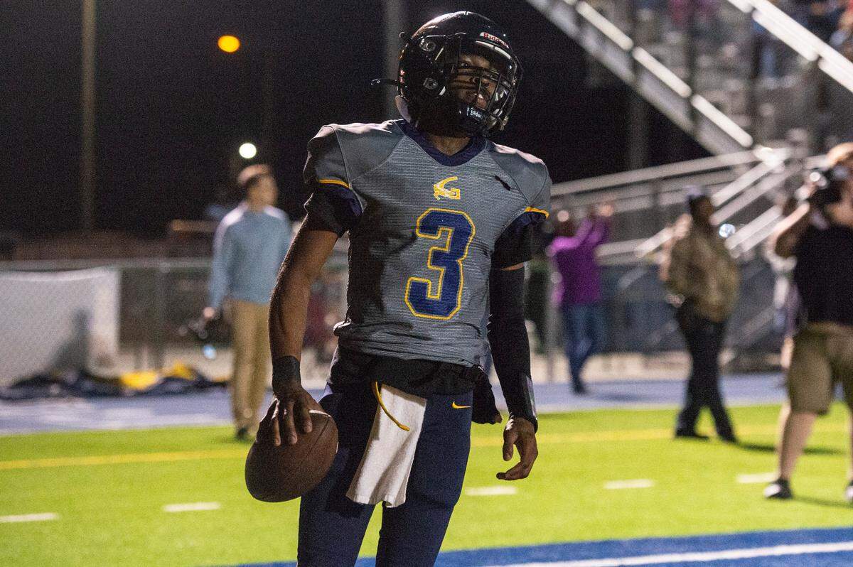 Gautier’s Trey Irving reacts after scoring a touchdown during a 5A playoff game between Gautier and Natchez at Gautier High School on Friday, Nov. 15, 2024.