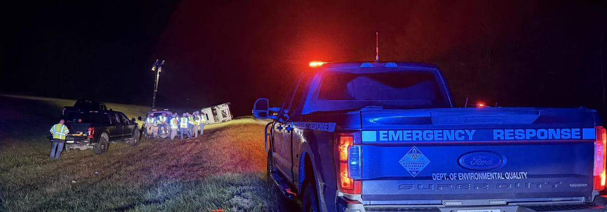 State Troopers, MDEQ, and other emergency personnel are on the scene of an overturned 18-wheeler tanker truck on I-59 near Poplarville.