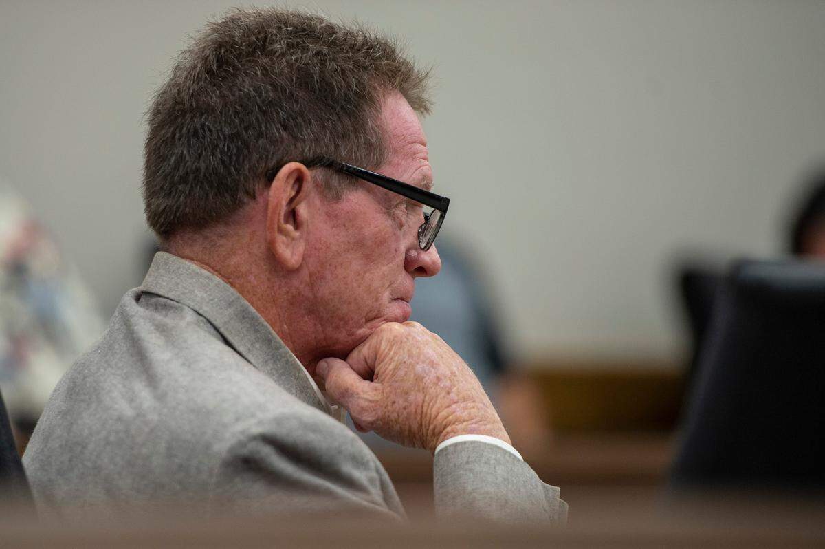 Cliff Kirkland watches a witness speak on the stand during Kirkland’s trial for sexually abusing underage girls in Harrison County Circuit Court in Biloxi on Monday, May 16, 2022.