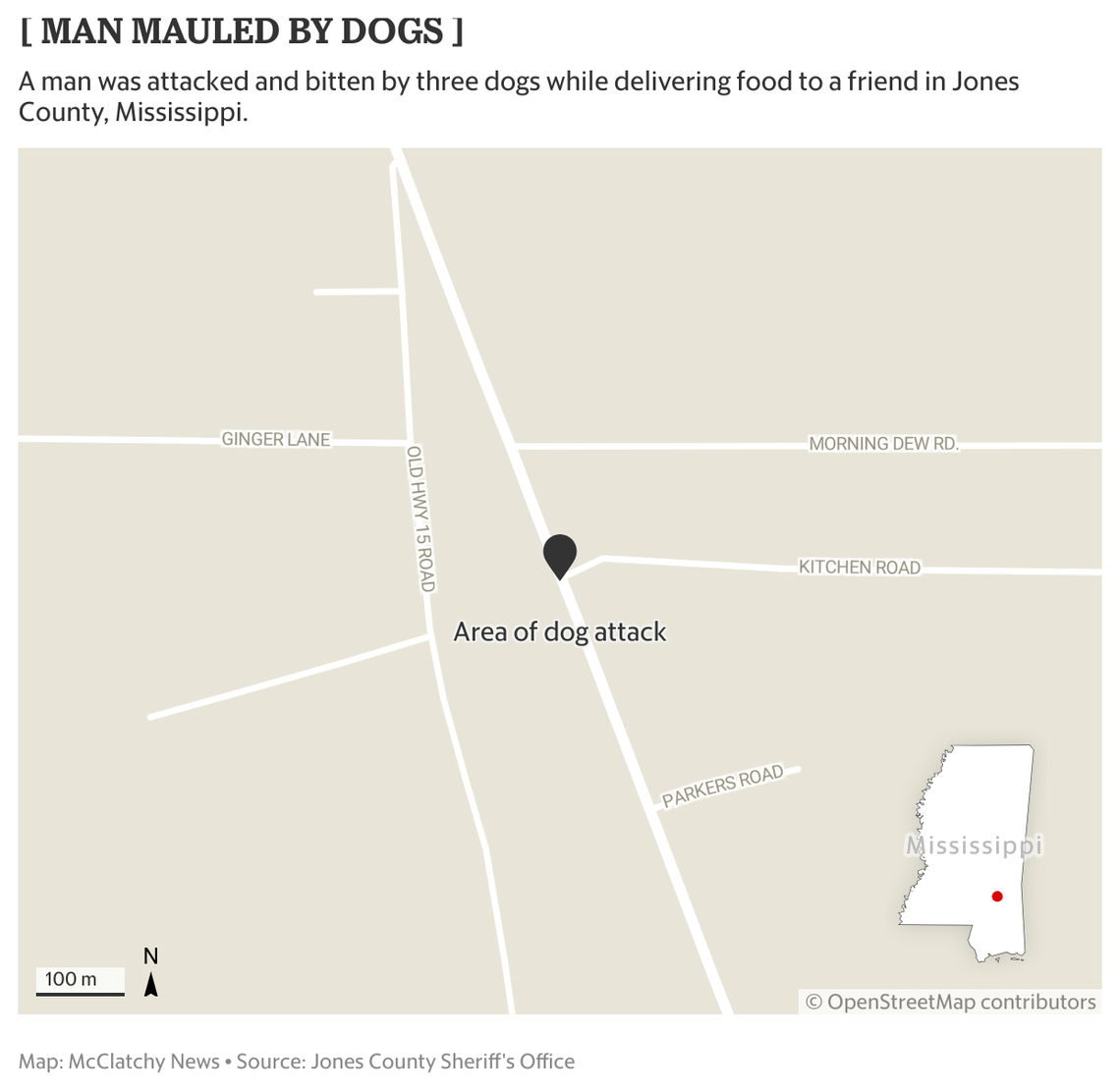 A Mississippi man was mauled and bitten at least 30 times by a pack of dogs while delivering a meal to a friend’s house.