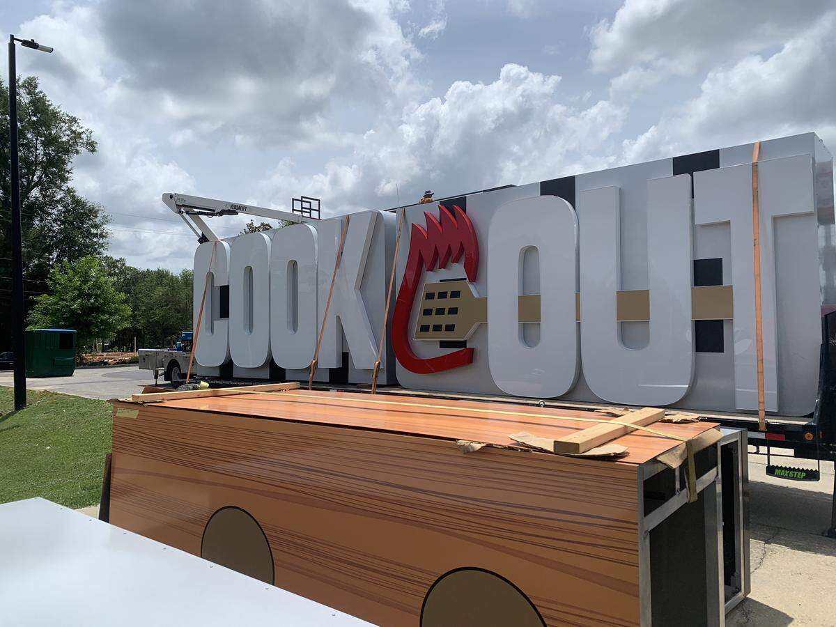These signs will be stacked and placed so people can see where to turn into the new Cookout restaurant, opening soon on busy U.S. 49 in Gulfport.