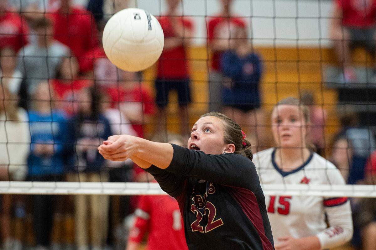 George County’s Natalie Jones hits the ball over the net during the 6A South State Championship game at Hancock High School in Kiln on Monday, Oct. 16, 2023.