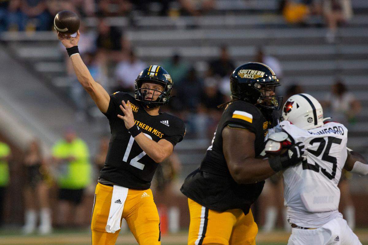 Southern Miss Golden Eagles quarterback Zach Wilcke (12) throws a pass during a game against Arkansas State at M.M. Roberts Stadium in Hattiesburg on Saturday, Oct. 15, 2022.