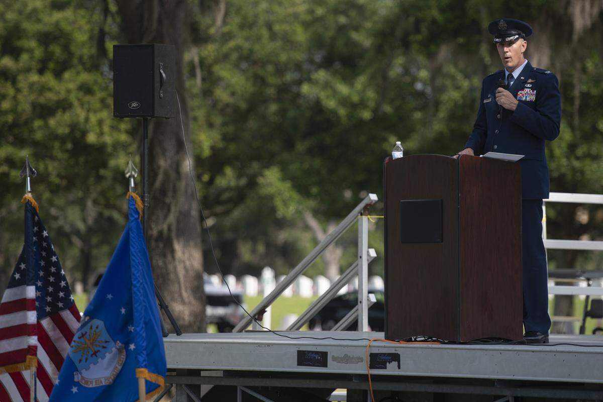 Col. Billy Pope, Commander of the 81st Training Wing at Keesler Air Force Base, speaks during a Memorial Day ceremony at Biloxi National Cemetery in Biloxi on Monday, May 26, 2025.