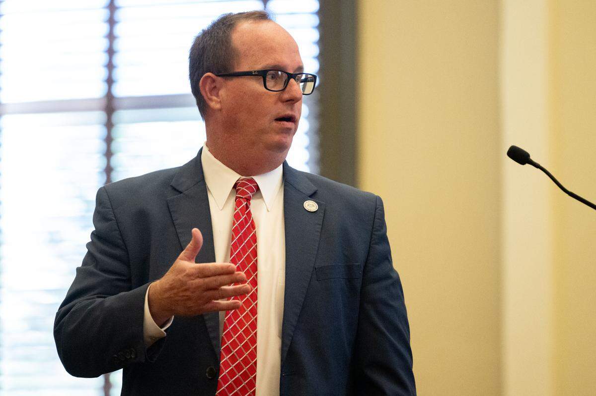 District Attorney Crosby Parker speaks to potential jurors during a motion hearing at Hancock County Circuit Court on Oct. 21, 2025.
