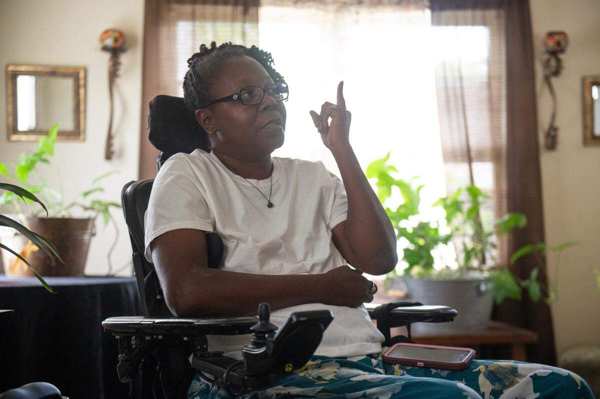 Antrease Bullock at her home in Gulfport on Monday, June 10, 2024. Bullock, who became permanently disabled after a shooting in 2019, has struggled to leave her home in the years since due to the lack of a safe wheelchair ramp.