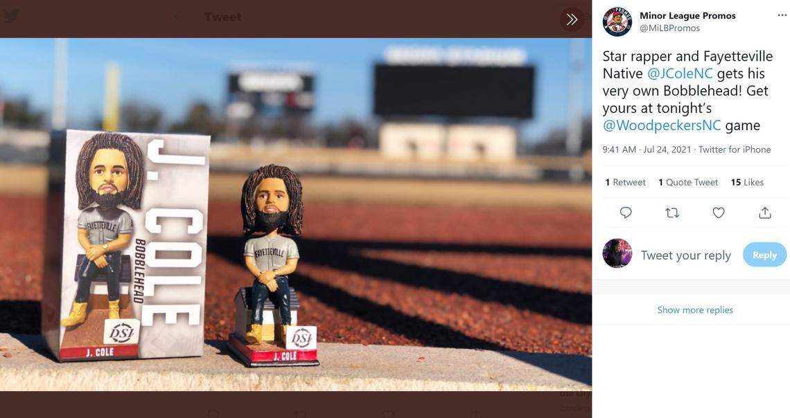 Novelty bobbleheads of rapper J. Cole given to fans at a Fayetteville Woodpeckers game are going for up to $100 online.