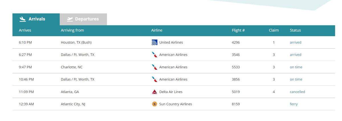 This screen shot from the Gulfport-Biloxi International Airport show a flight from Atlanta was canceled Monday night,
