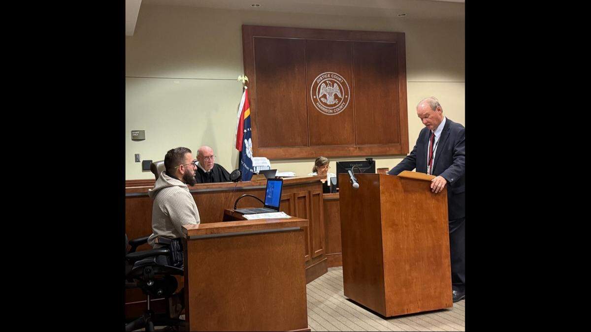 Harrison County Prosecuting Attorney Herman Cox questions Gulfport Police Det. Justin Clifton during a preliminary hearing in a human trafficking case on Wednesday, Feb. 10, 2026, before Justice Court Judge Albert Fountain.