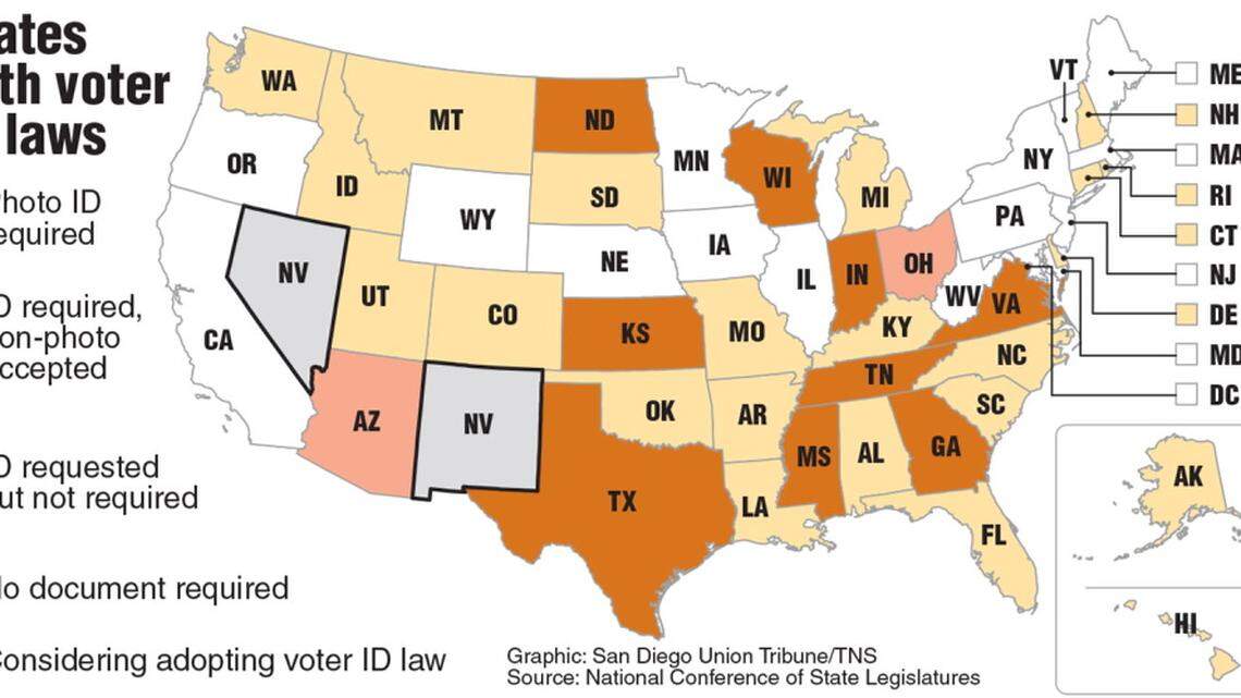 Map of voter ID laws. San Diego Union Tribune 2016