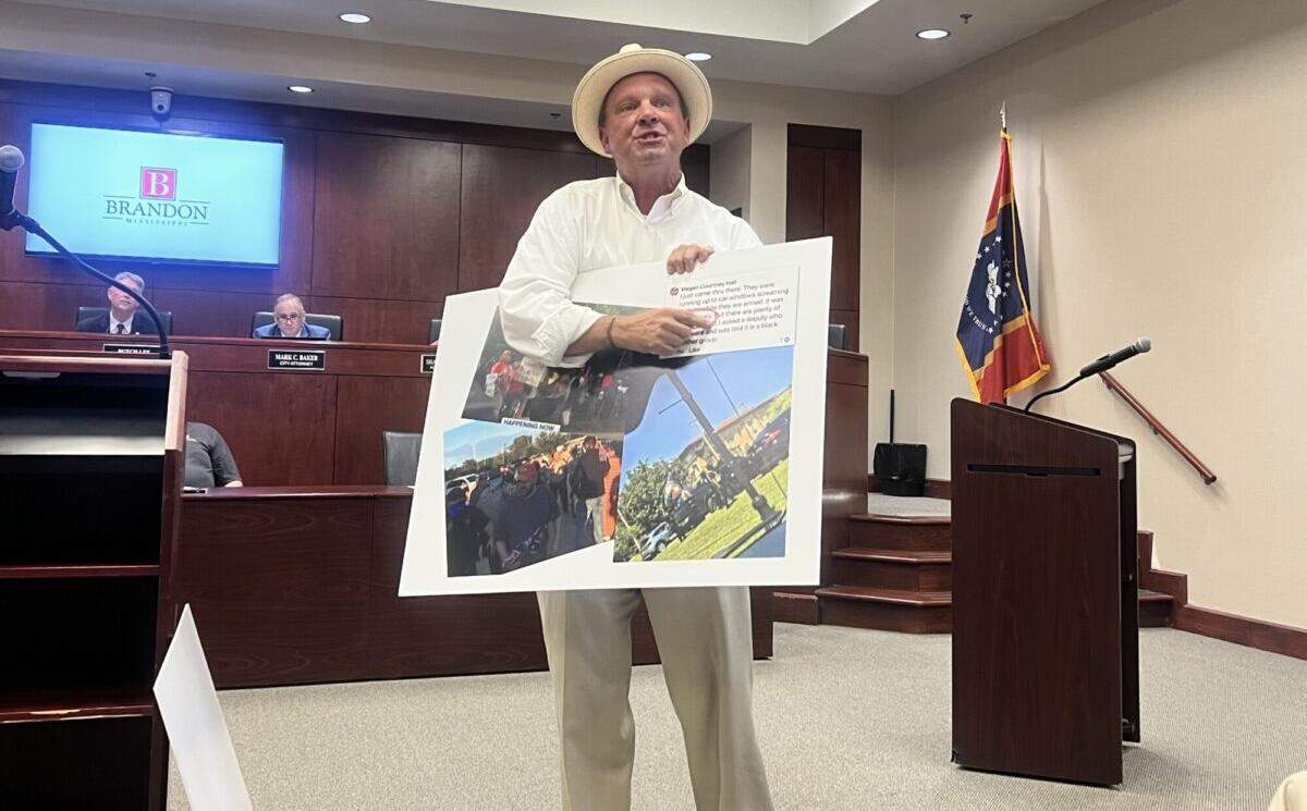 Lance Stevens proposes a new location for Brandon’s Confederate monument at Brandon City Hall meeting, Monday, July 7, 2025.