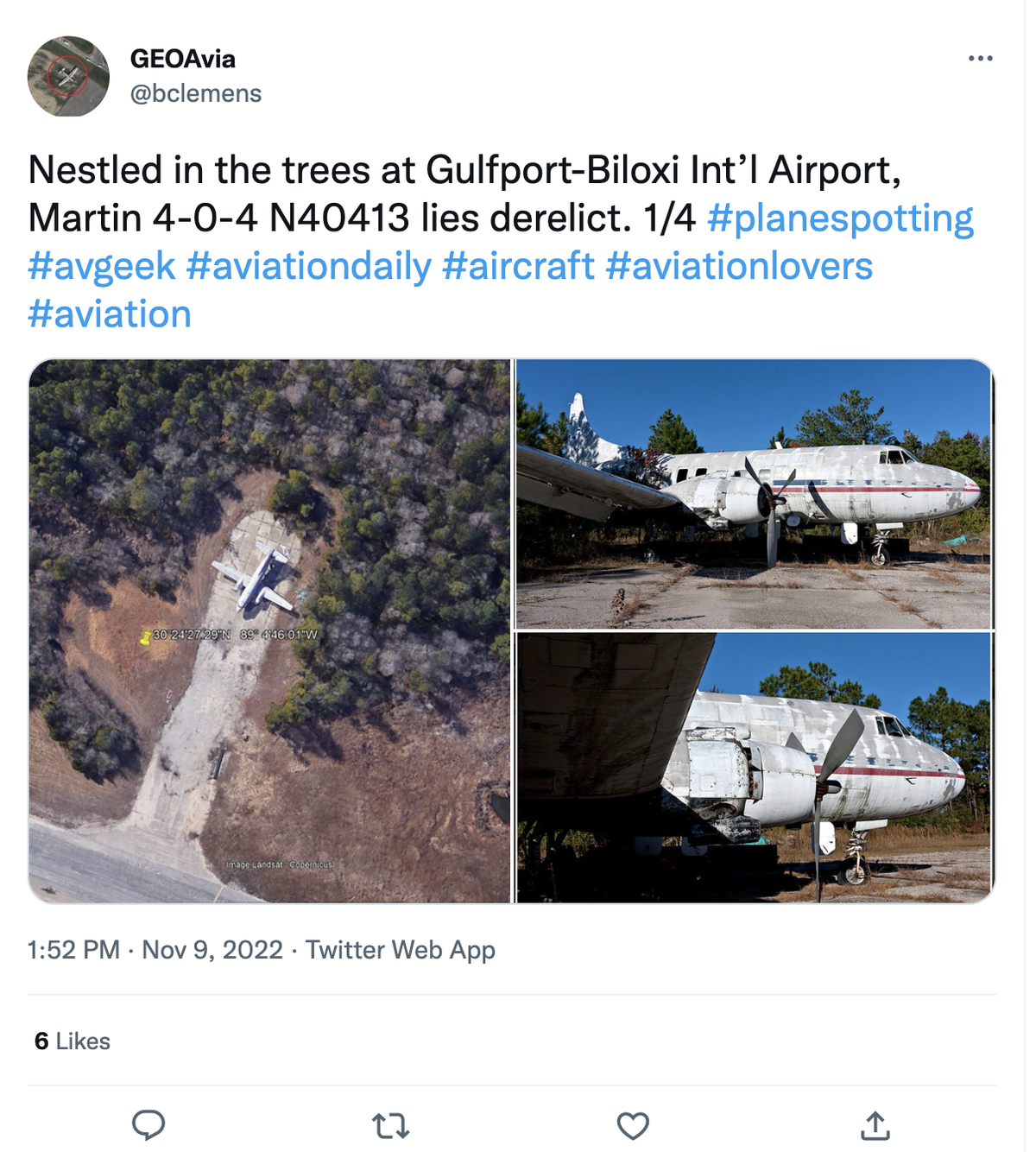 A Martin 4-0-4 plane was abandoned for years at Gulfport-Biloxi International Airport but was removed from the property in 2017. A Twitter thread from GeoAvia shows images of the now disassembled aircraft.