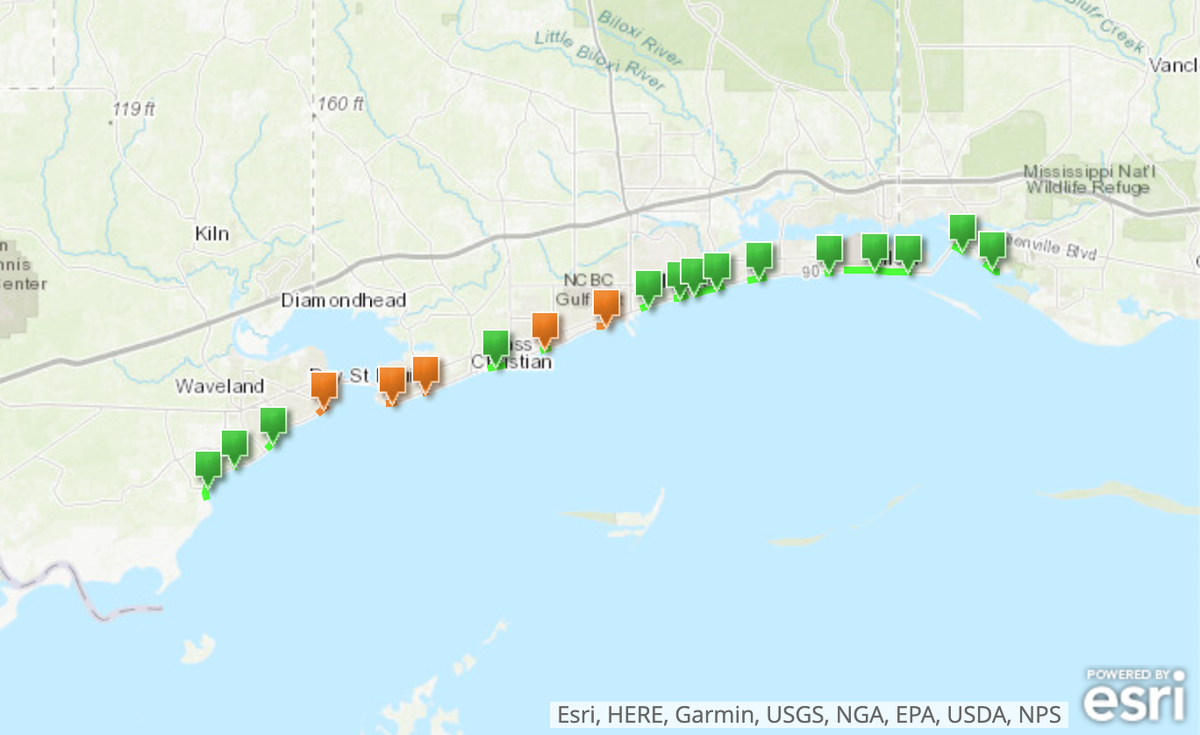 Beaches in Bay St. Louis, Pass Christian, Long Beach and Gulfport are under water contact advisories after testing by the Mississippi Department of Environmental Quality found bacteria in the water.