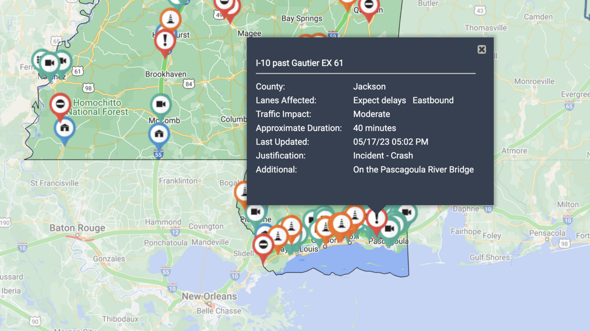 I-10 eastbound traffic near the Pascagoula River bridge is backed up after a wreck on Wednesday.