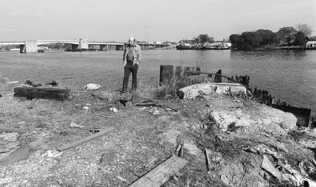 Charles Hickson stands at the site along the Pascagoula River where he claims he was abducted by a UFO. Photo taken Dec. 15, 1977 when he was being interviewed by a film crew.