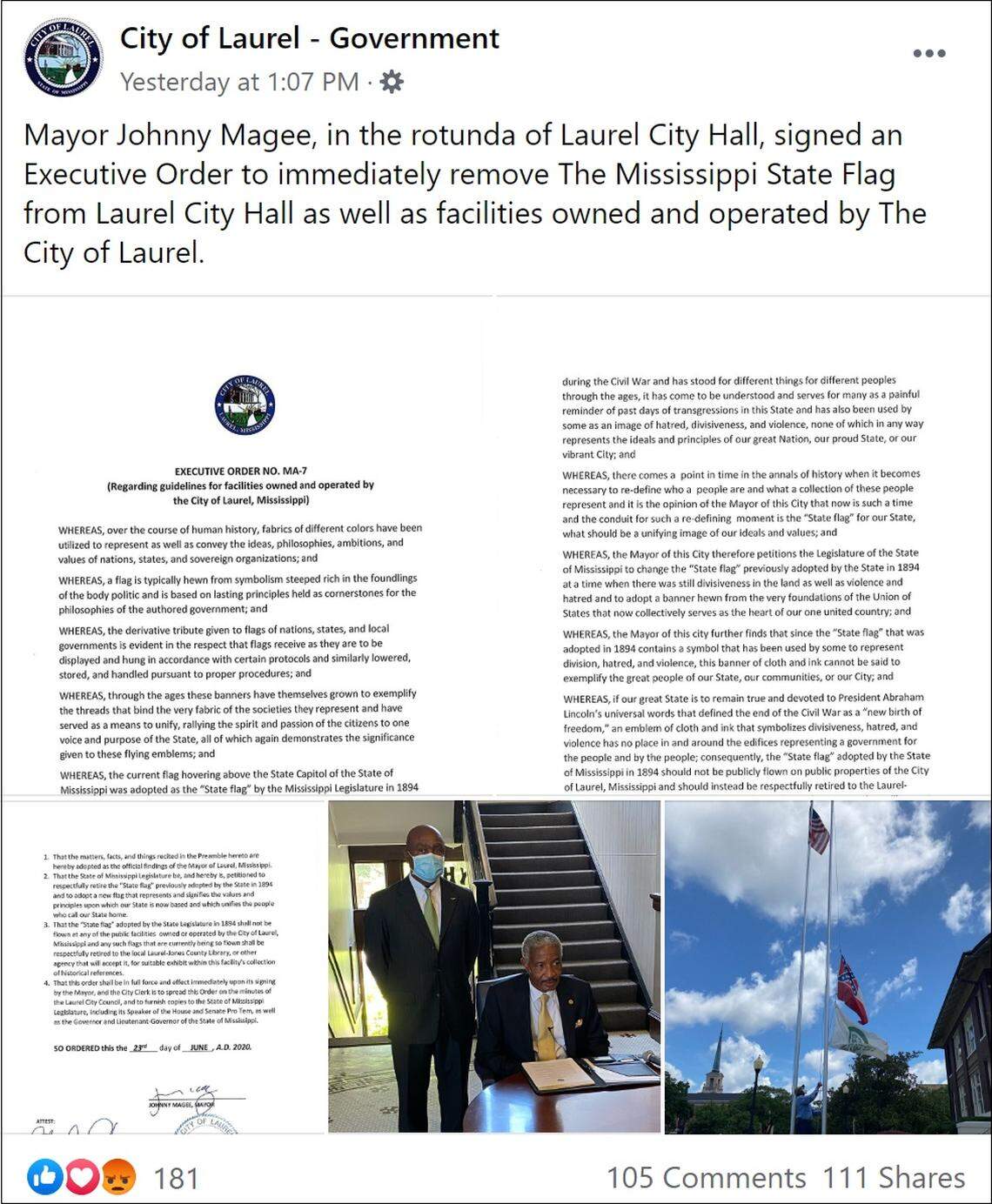 Laurel city Mayor Johnny Magee signs executive order to remove Mississippi flag bearing the Confederate battle emblem from all city-owned buildings.