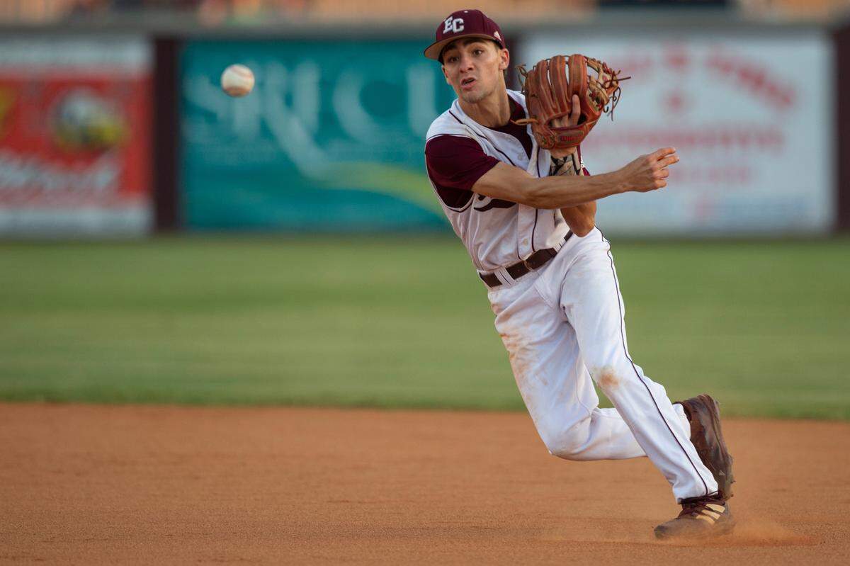 East Central’s Carson Ryder throws the ball to first base in the 5A South State championship game at East Central High School in Hurley on Tuesday, May 23, 2023.