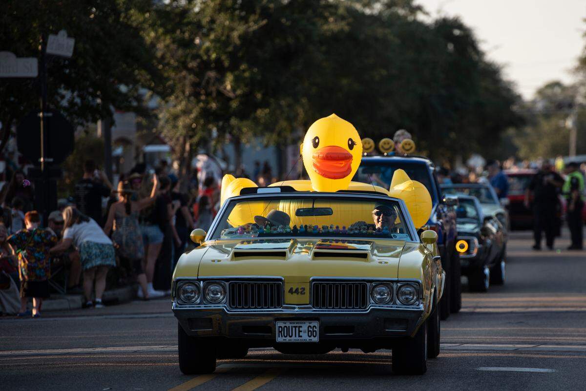 A big yellow duck goes Cruisin’ The Coast along Jeff Davis Avenue during the Long Beach Parade in 2024. Cruisin’ The Coast is again the favorite U.S. car show.