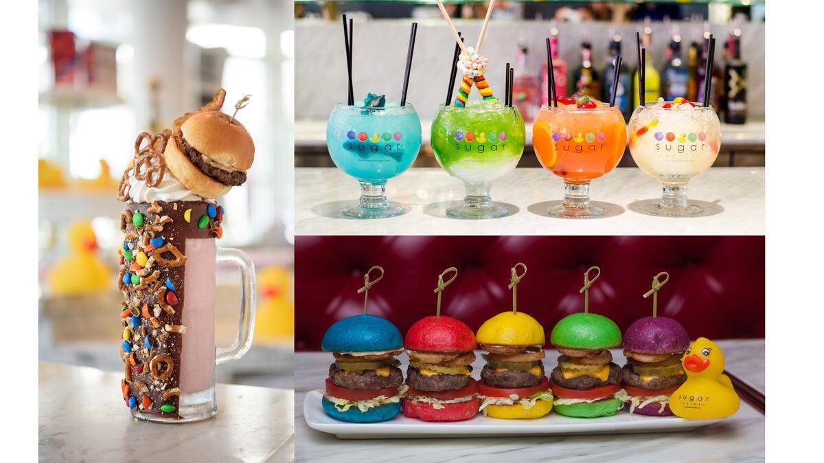 Candy milkshakes, colorful sliders and smoking spiked drinks are on the menu of Sugar Factory American Brasserie, which opened at Hard Rock Casino Biloxi in 2019.