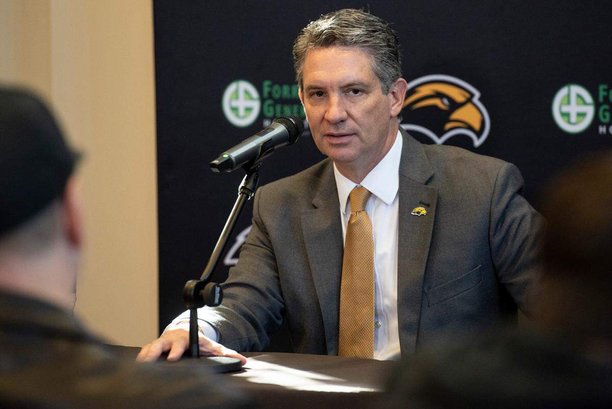 Southern Miss Athletic Director Jeremy McClain during Charles Huff’s first press conference at The Rock in Hattiesburg on Thursday, Dec. 12, 2024.