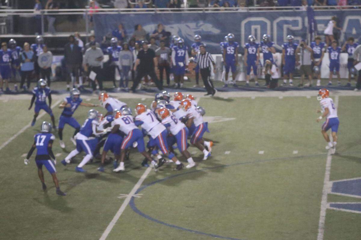 Gulfport running back Cooper Crosby finds no room Friday, Nov. 1, 2024, during the Admirals’ loss to Ocean Springs.