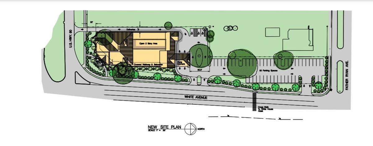 The site plan rendering shows the location of the new White House Hotel and Events Center, hugging the corner of U.S. 90 at White Avenue in Biloxi.