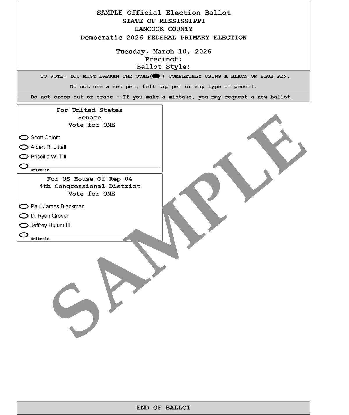 Sample ballot for the Democrat primary election in Hancock County on March 10, 2026.