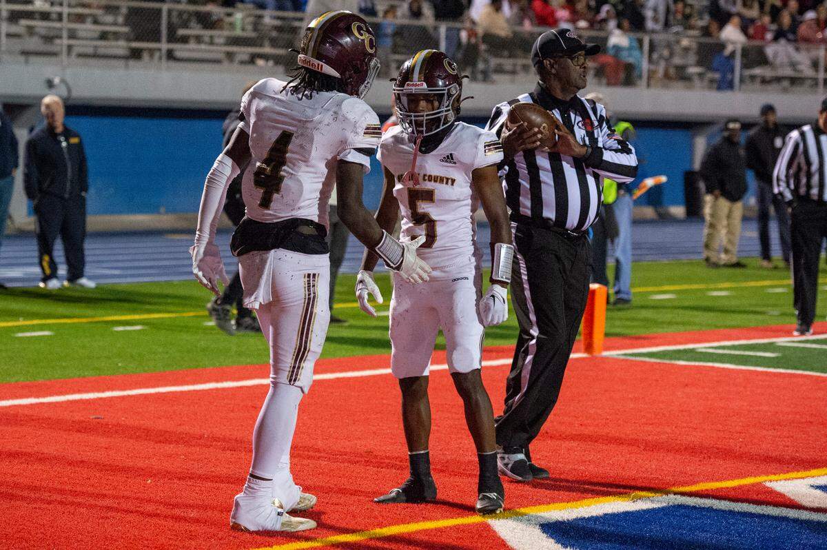 George County’s Brenn Moody and Montrell Dortch celebrate after scoring a touchdown during a game against Pascagoula at Pascagoula High in Pascagoula on Thursday, Nov. 2, 2023.