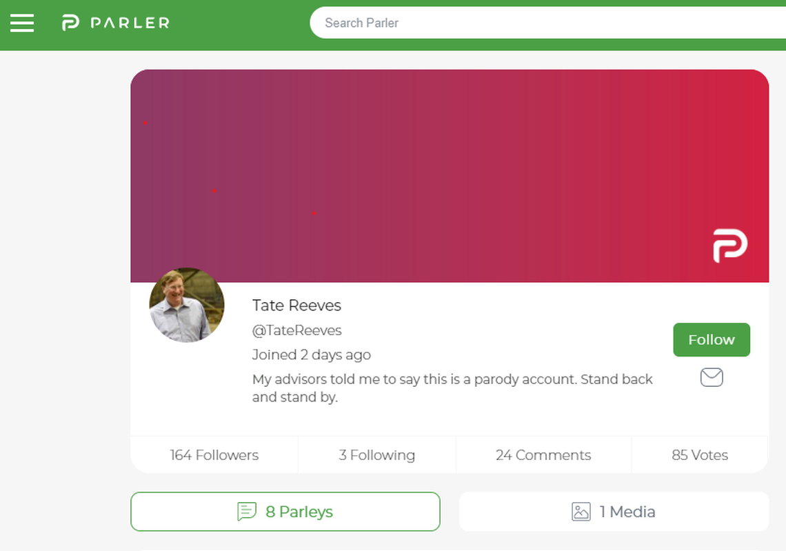 This account parodying Gov. Tate Reeves confused some Mississippians, who thought a post about being glad Parler offered a place “to worship God and President Trump” was really by the governor.