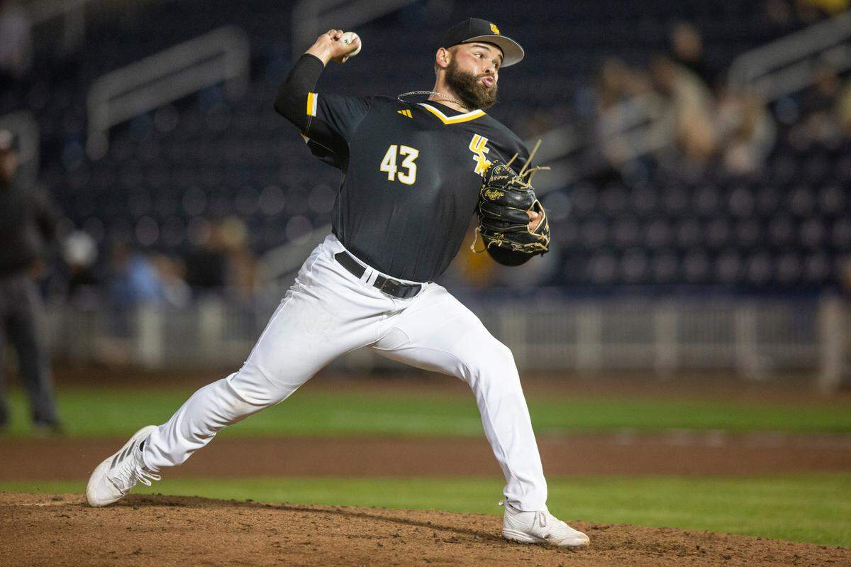 Southern Miss’ pitcher Landen Payne throws a pitch during the Hancock Whitney Classic against Nicholls at Shuckers Ballpark in Biloxi on Tuesday, Feb. 27, 2024.