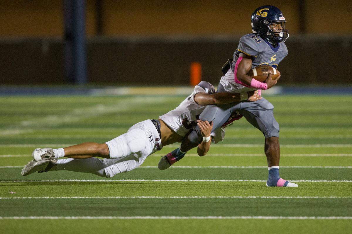 Gautier’s Solomon Baggett gets tackled by East Central during a game against East Central at Gautier High School in Gautier on Friday, Oct. 20, 2023.