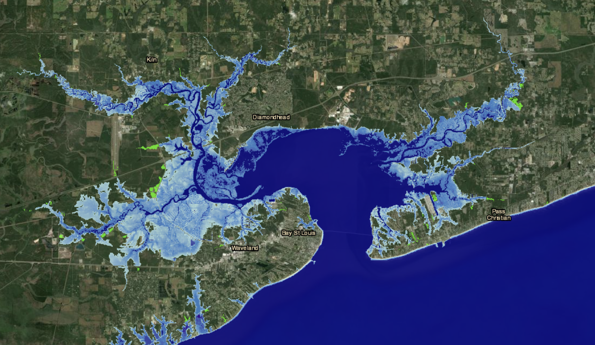 A screenshot from NOAA’s Sea Level Rise Viewer shows an “intermediate” forecast that predicts sea levels on the Mississippi Coast would rise 3.84 feet by 2100. Areas in blue represent places that could become flooded under that forecast. Areas in green represent low-lying places that are not hydrologically connected to the ocean but could still flood.