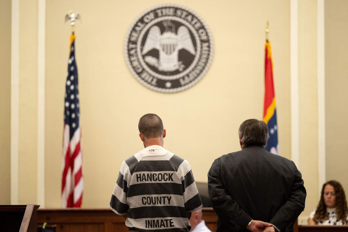 Alan Moran, left, stands next to his attorney Donald Rafferty, right, during a sentencing at Hancock County Circuit Court in Bay St. Louis on Wednesday, June 24, 2026.