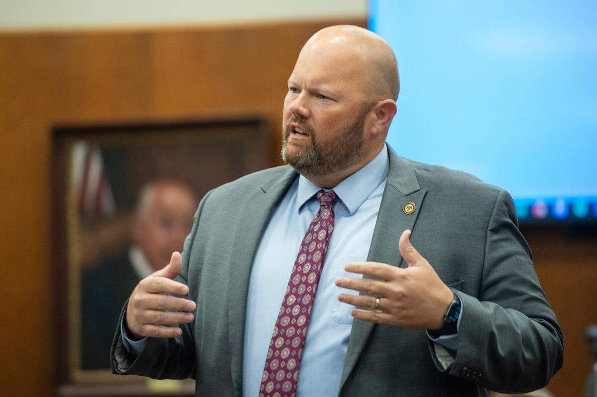 District attorney George Huffman makes opening statements in the trial of Cliff Kirkland in Harrison County Circuit Court in Biloxi on Thursday, May 12, 2022.