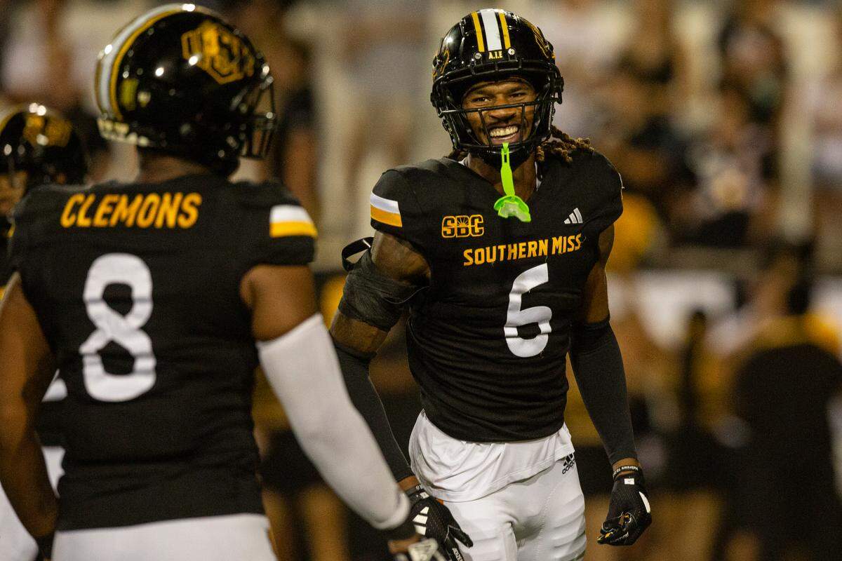 Southern Miss Golden Eagles safety Dylan Lawrence (6) reacts after a play during a game between Southern Miss and Southeastern Louisiana at M.M. Roberts Stadium in Hattiesburg on Saturday, Sept. 7, 2024.