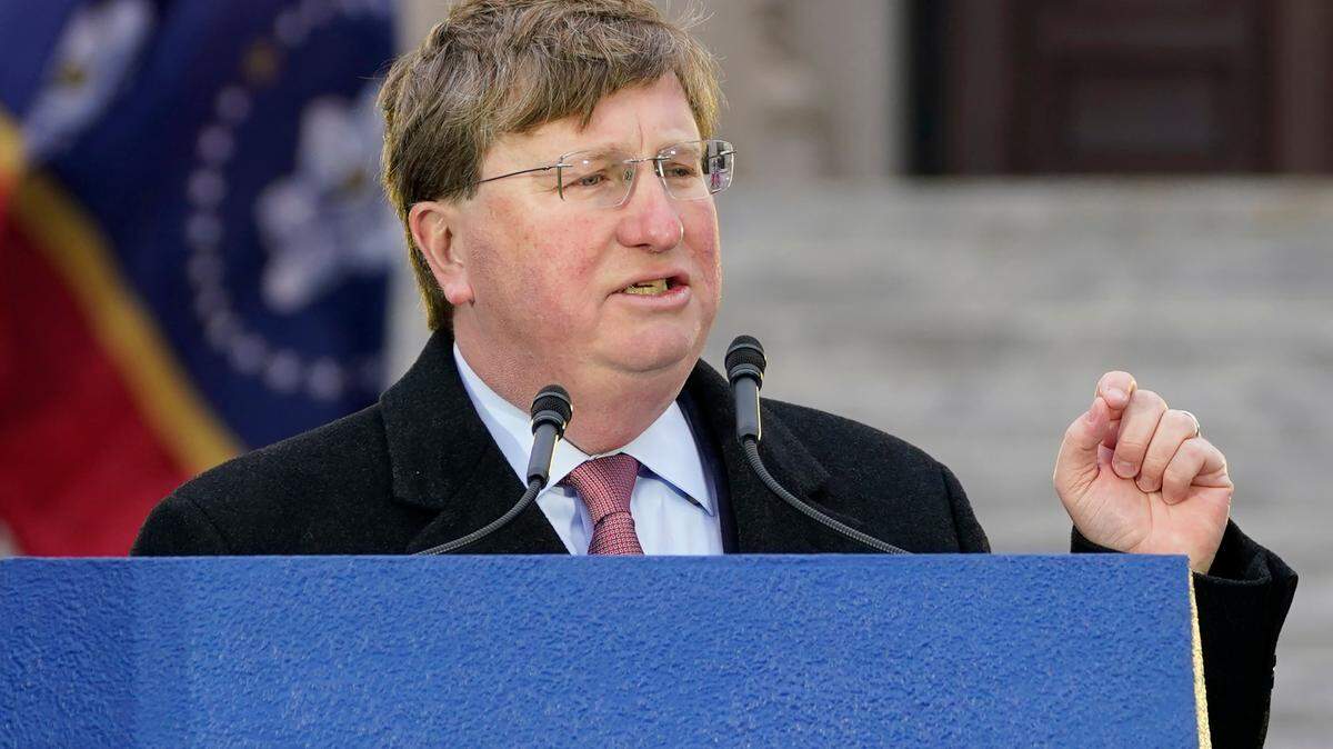 Mississippi Republican Gov. Tate Reeves delivers his address during his inauguration for a second term, at the Mississippi State Capitol in Jackson earlier this month.