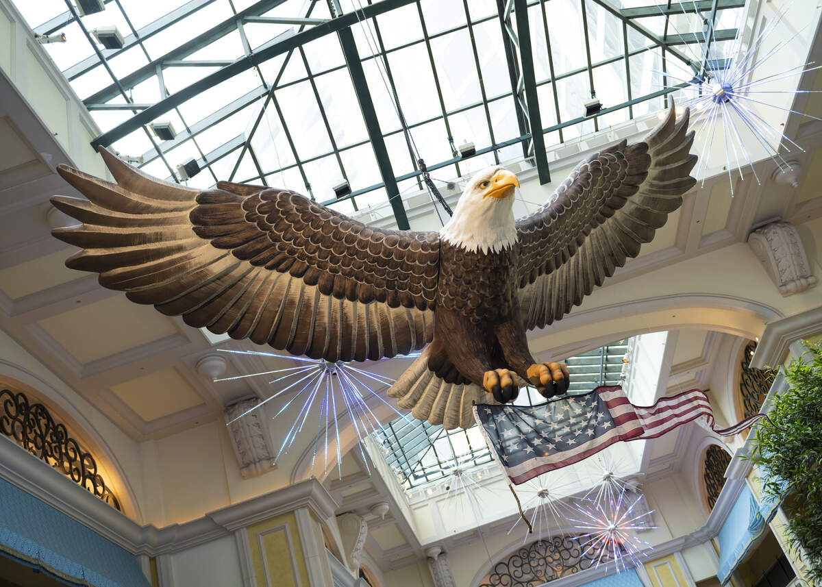 An eagle soars and fireworks sparkle at the Beau Rivage Resort and Casino in Biloxi, where patriotic displays fill the atrium all summer to salute the nation’s 250th anniversary. Other casinos also are decorated and lit and red, white and blue.