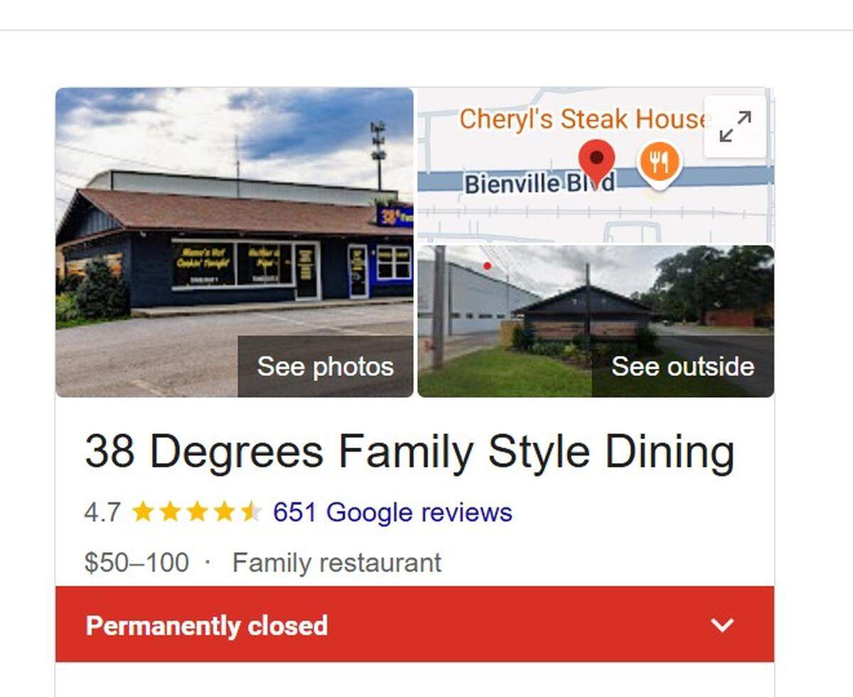 A screenshot of the 38 Degrees listing on Google says the Ocean Springs restaurant is permanently closed.