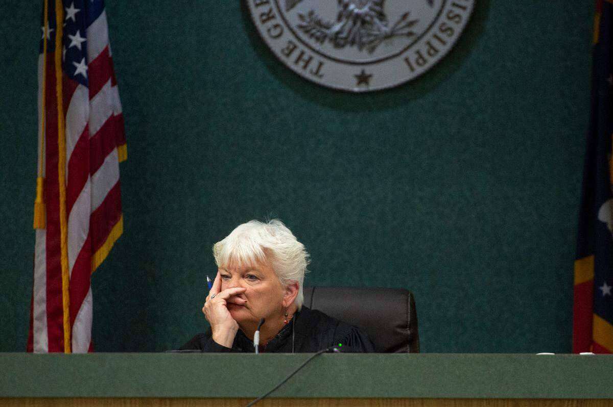 Judge Kathy King Jackson listens to the sentencing of Joseph Leo Nangle in Jackson County Circuit Court in Pascagoula on Tuesday, Oct. 22, 2024.