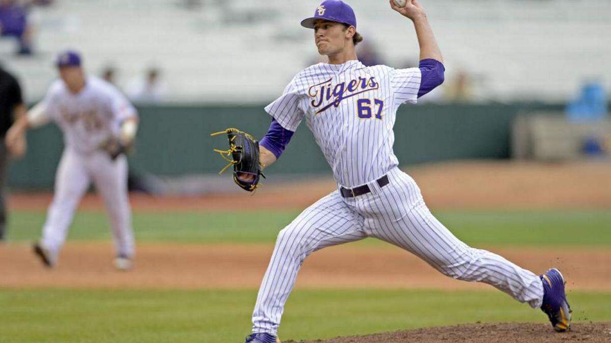 HILARY SCHEINUK/ADVOCATE/FILE 
 LSU starting pitcher Jake Latz (67) pitches against McNeese State April 12 at LSU's Alex Box Stadium in Baton Rouge, La. Latz started for LSU in its SEC Tournament opener against Tennessee.