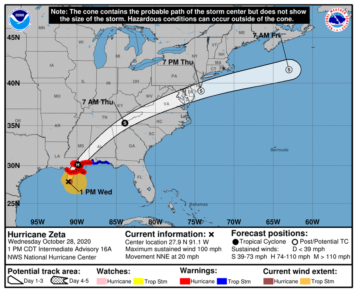 Hurricane Zeta forecast as of 1 p.m. Wednesday