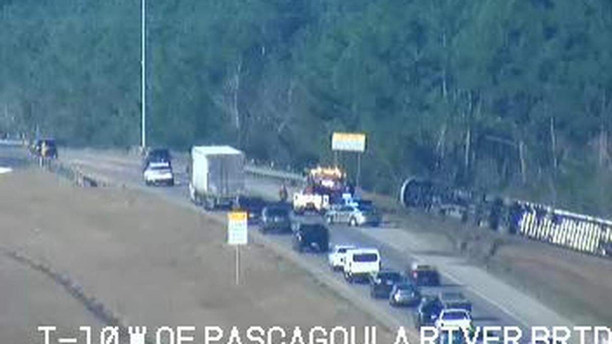 An 18-wheeler overturned Monday morning and was causing backups on Interstate 10.