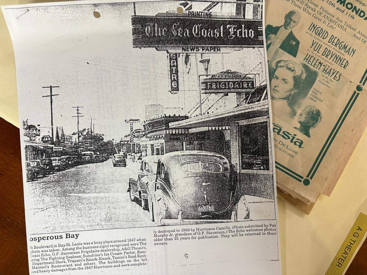 A photo from the Hancock County Historical Society shows Beach Boulevard in 1947. The A&G Theater sign is visible behind the sign for The Sea Coast Echo.