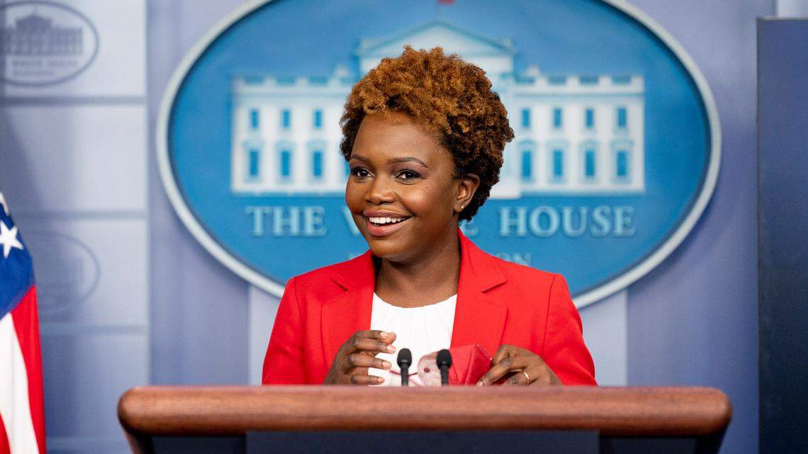 White House deputy press secretary Karine Jean-Pierre smiles as she arrives for a news briefing at the White House in Washington, D.C., on Nov. 4.