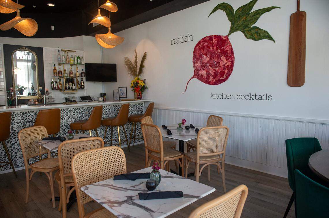 The dining room at Radish in Long Beach on Thursday, Aug. 4, 2022. The interior of the restaurant was decorated by Adrienne Elliott from Elliott Homes.