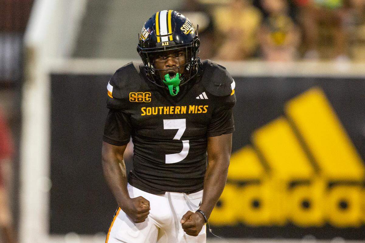 Southern Miss Golden Eagles running back Frank Gore Jr. (3) celebrates after scoring a touchdown during a game against Texas State at M.M. Roberts Stadium in Hattiesburg on Saturday, Sept. 30, 2023.