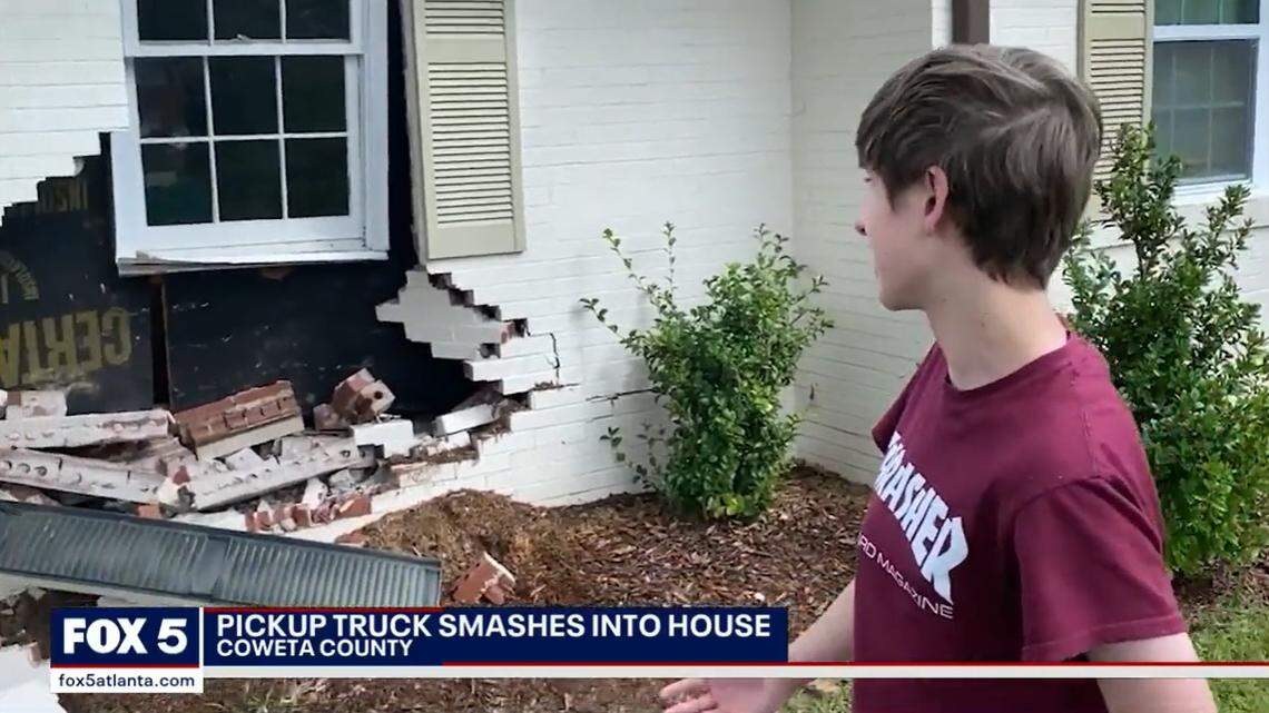 A Georgia teen and his family escaped unharmed after a pickup truck left the roadway and crashed into their Coweta County home.